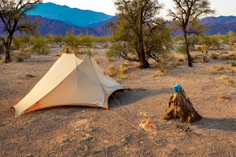 A cozy two-person tent rests on a dusty campsite in Death Valley during warm golden hour. Small trees, a clothesline, and a large rock add charm to the sunny desert scene.