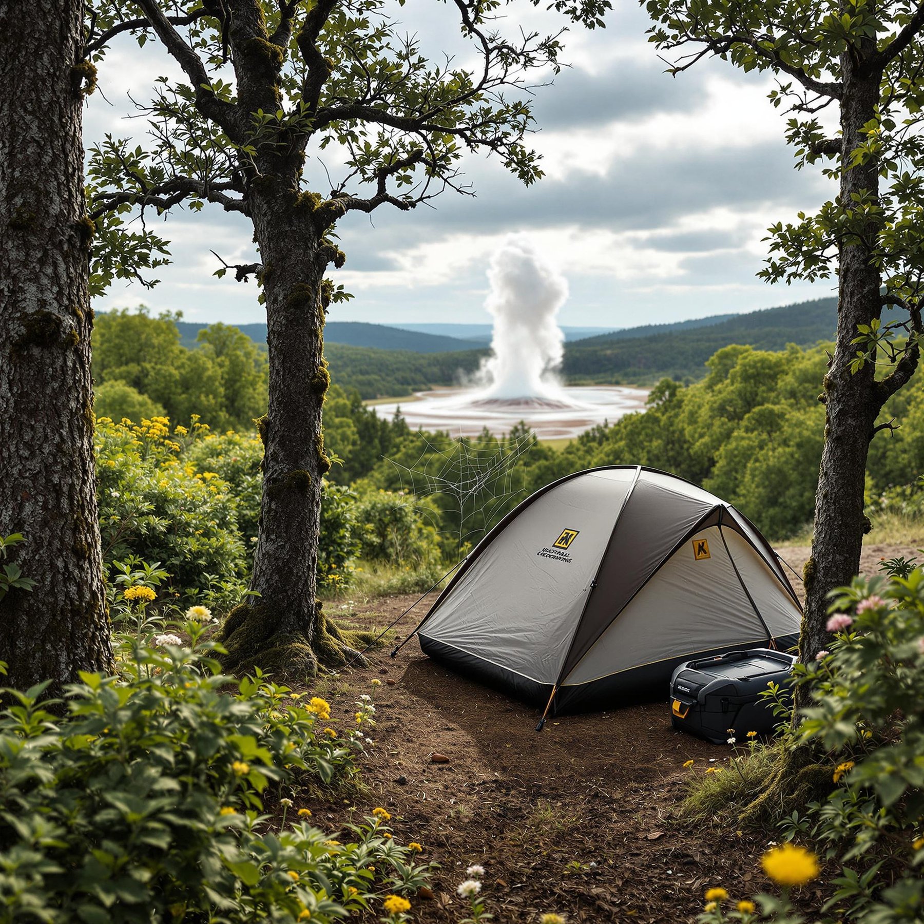 An inflatable tent rests among wildflowers, mossy trees, and thick green bushes. A delicate spider web stretches between two trees. In the distance, geysers burst into the partly cloudy sky, adding a magical touch to the peaceful campsite.