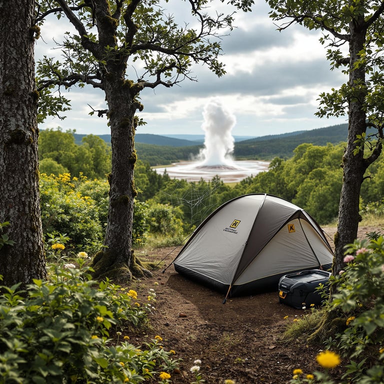 An inflatable tent rests among wildflowers, mossy trees, and thick green bushes. A delicate spider web stretches between two trees. In the distance, geysers burst into the partly cloudy sky, adding a magical touch to the peaceful campsite.