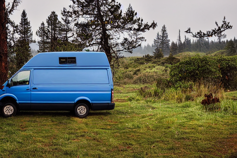 A blue camper van rests on a paved campsite near the rainy California coast. Waves roll nearby as a hiking path winds through tall trees and rolling hills. A wooden guitar sits on the dirt, adding a cozy touch to the sunset scene.