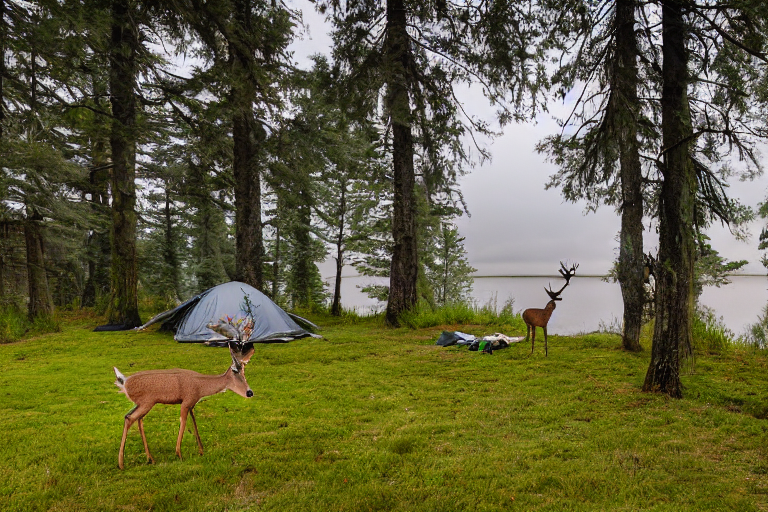 A cozy tent rests on a dirt campsite beside a quiet lake at sunset. Mossy trees, a hanging hammock, and clothes swaying on a line create a peaceful scene, while fog drifts through the woods and a deer stands in the distance.