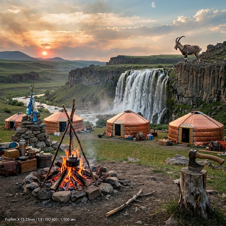 A quiet campsite rests in a green valley beside a misty waterfall. Three copper-colored gers sit near a warm crackling fire, with cliffs rising all around. High above, a wild ibex watches from a rocky ledge under the smoky evening sky.