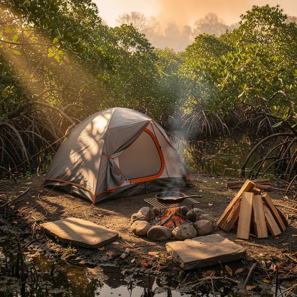 A cozy grey-and-orange tent sits on a dry little rise in a mangrove swamp, surrounded by green roots and shiny leaves. Golden sunset light slips through the trees, and the air looks warm and hazy. In front, a small stone fire glows under a cast-iron skillet, with a neat stack of firewood close by.