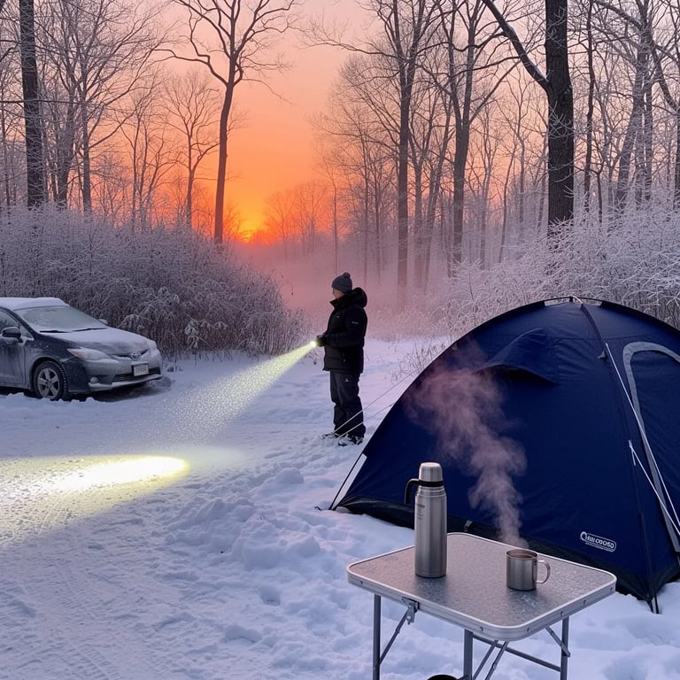 A quiet campsite rests in a snowy forest at sunset, with the sky glowing orange and pink. A navy tent sits by a small cleared parking spot, near a steaming thermos on a camp table. A lone camper shines a bright flashlight across the snow, while their car waits nearby. Ice-covered branches sparkle softly in the fading light.