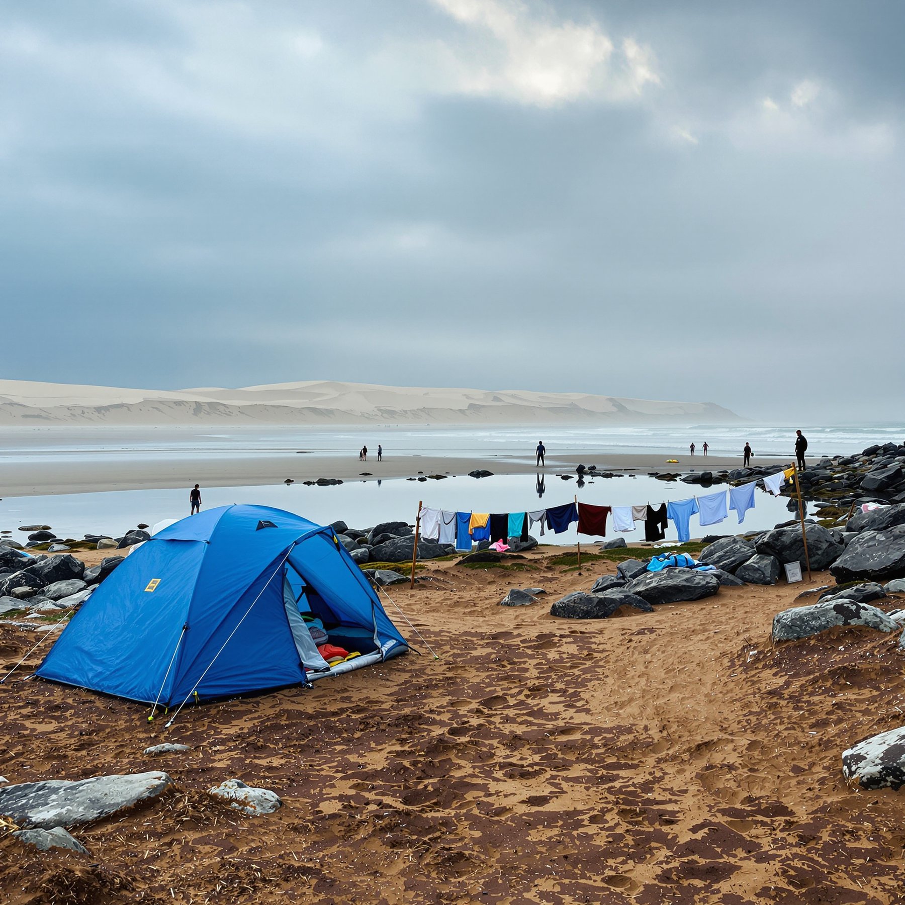 A bright blue tent sits on a sandy beach near big rocks and calm water. Clothes hang on a line to dry while people explore the wide, peaceful shore. Huge sand dunes stretch across the horizon under a cloudy sky.