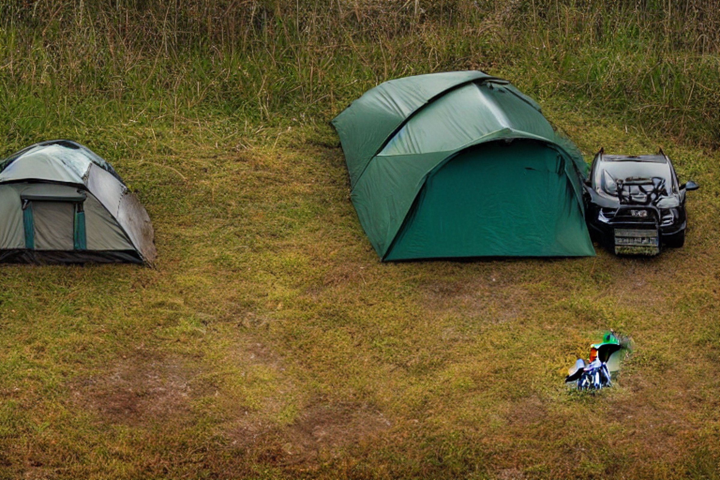 A green Subaru sits at a quiet forest campsite beside a sparkling creek. Its rooftop tent glows warmly in the snowy dusk, with camping gear nearby. Tall grass and a distant deer add to the peaceful wild setting.