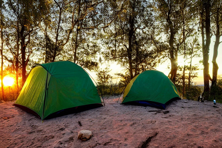 A forest-green tent rests on a quiet campsite near San Diego Beach as the sun sets. A lantern and wooden guitar sit nearby on the dirt and gravel, adding a cozy touch. The clear sky and warm light create a peaceful evening mood.