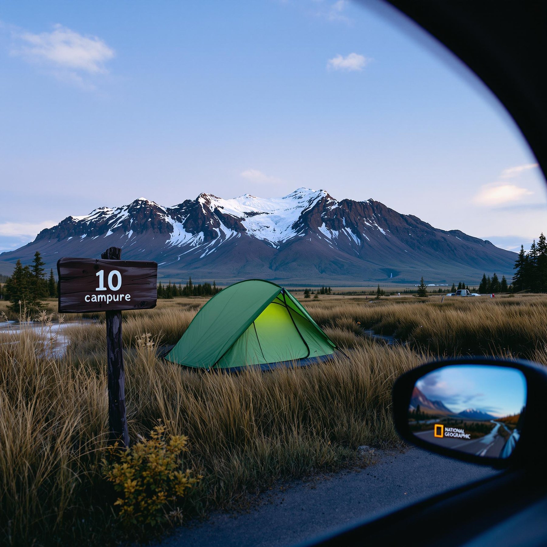 A green tent rests in the tall grass of the Alaskan wilderness. A wooden sign marked “10” stands nearby, with a mountain and small waterfall in the background. A pond glows softly with blue-green algae under the clear sky.