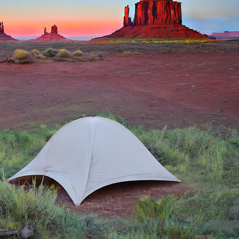 A blue and gray tent rests in a quiet Monument Valley campsite at dusk. A small campfire glows beside a large log, with stones, ferns, and twigs scattered across the dirt. Soft fog gives the rugged landscape a calm, dreamy feeling.