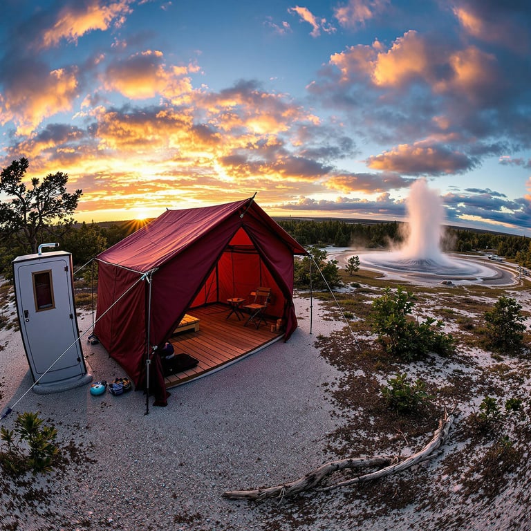 A burgundy tarp shelter rests among small trees as the sun sets over the park. A simple outdoor shower, parking spot, and twig-strewn ground add to the wild campsite. In the distance, geysers burst into the windy sky.