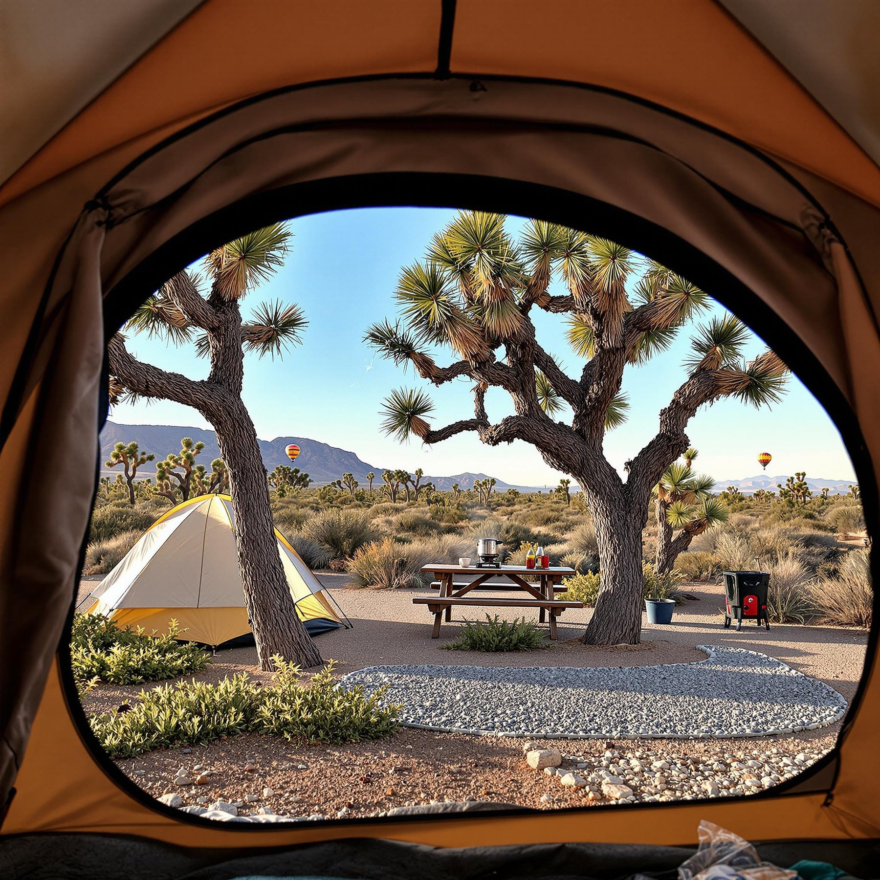 From your cozy tent, you see a sunny desert campsite with quirky Joshua trees swaying in the breeze. A picnic table holds a yummy outdoor lunch, perfect for a day of adventure. Look up to see colorful hot air balloons floating gently across the bright blue sky!