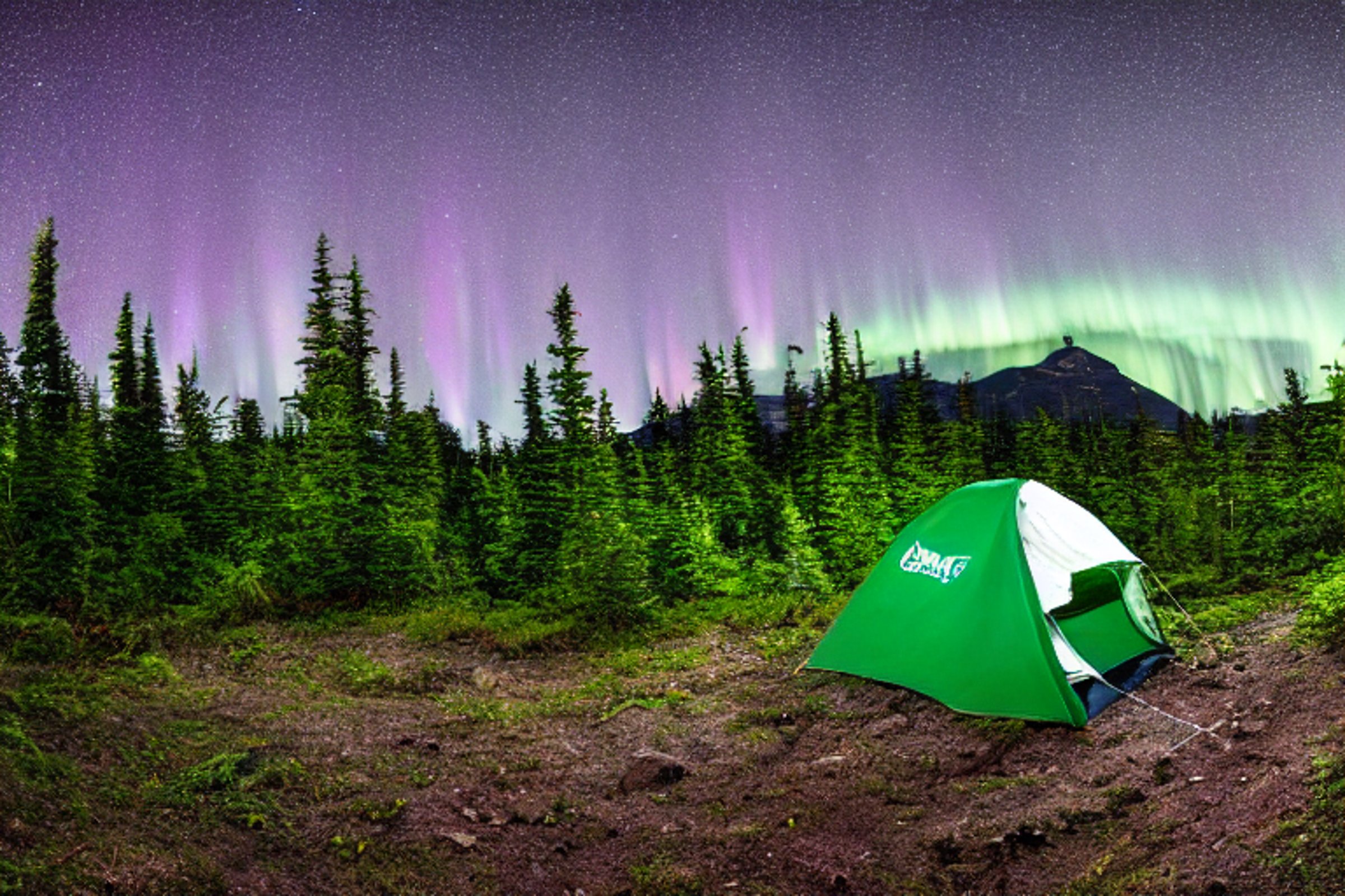 A green tent rests on a rugged mountain campsite beneath glowing northern lights. Ferns and small flowers grow around the dirt clearing, while dark mountains rise in the distance.