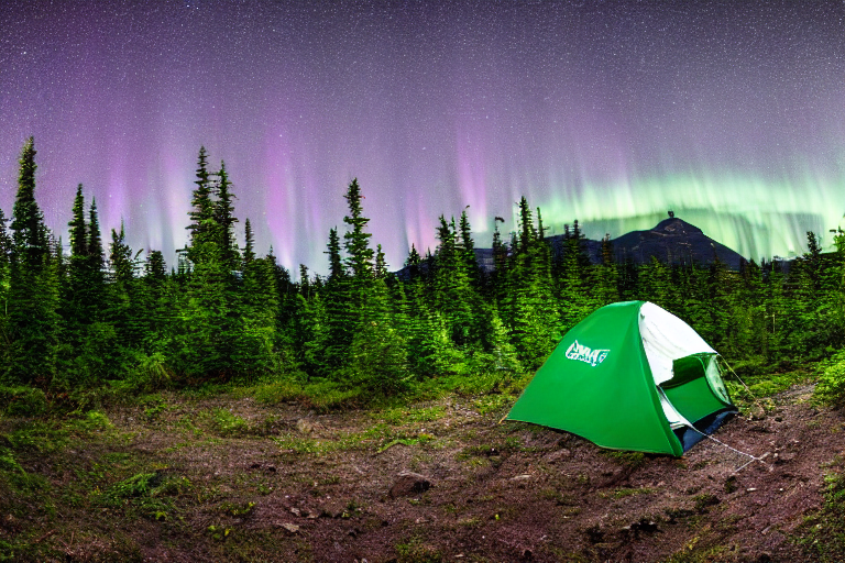 A green tent rests on a rugged mountain campsite beneath glowing northern lights. Ferns and small flowers grow around the dirt clearing, while dark mountains rise in the distance.