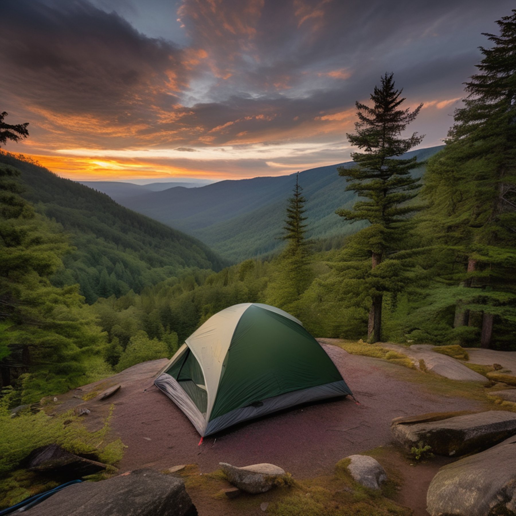 A green tent rests on a paved campsite in the Smoky Mountains at dusk. Mossy trees and small forest plants surround a patch of dirt, while cloudy skies create a calm, cool mood. A backpack sits nearby, and a distant camper’s flashlight glows between the trees.