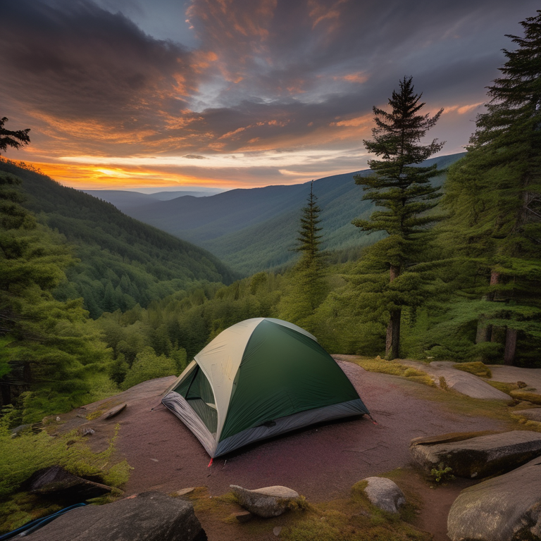 A green tent rests on a paved campsite in the Smoky Mountains at dusk. Mossy trees and small forest plants surround a patch of dirt, while cloudy skies create a calm, cool mood. A backpack sits nearby, and a distant camper’s flashlight glows between the trees.