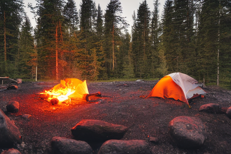 A white tent rests on a quiet dirt campsite in Norway as rain falls beneath the sunset sky. A small campfire glows among stone rings and logs, with trees and a large rock nearby.