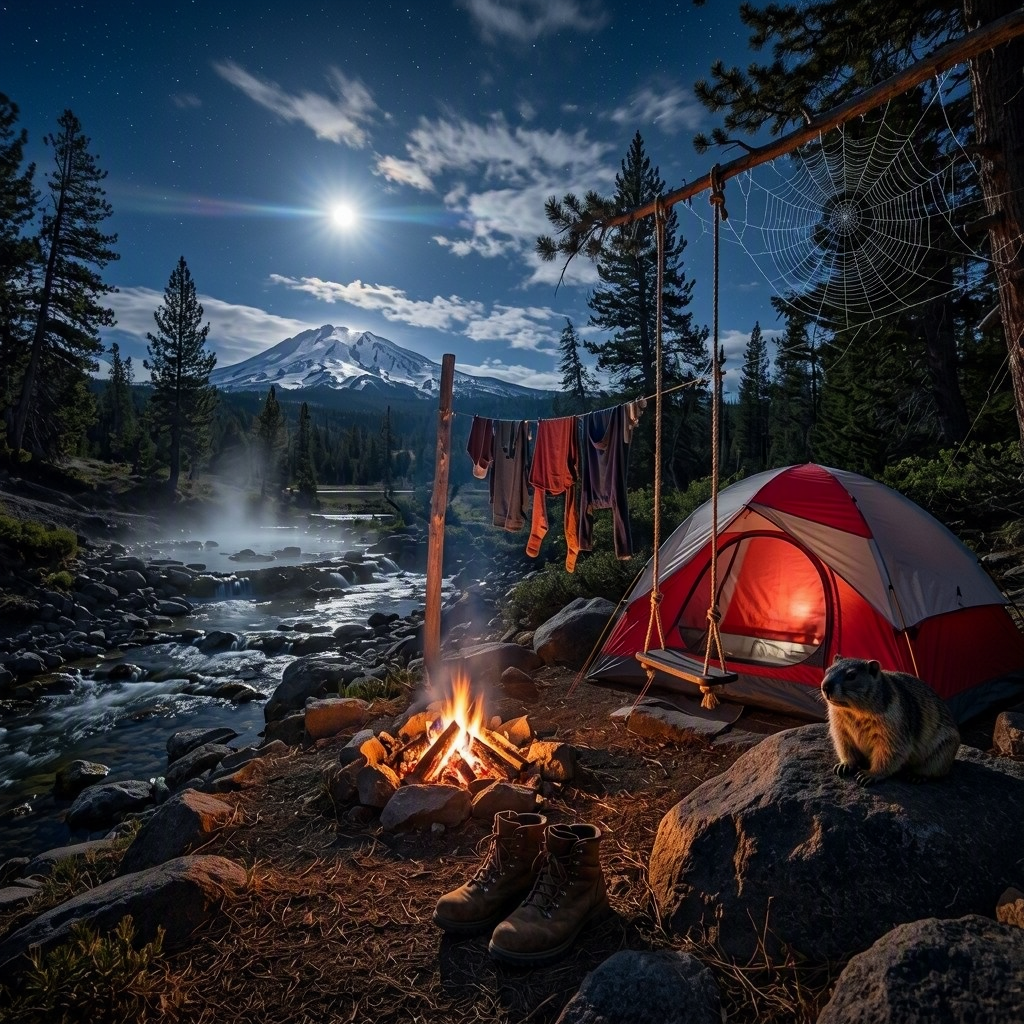 A cozy red-and-white tent rests among boulders and pine trees beside a quiet creek and warm hot spring. A campfire glows under the full moon, with a rope swing, hanging laundry, and hiking boots nearby. Snowy Lassen Peak rises in the distance.