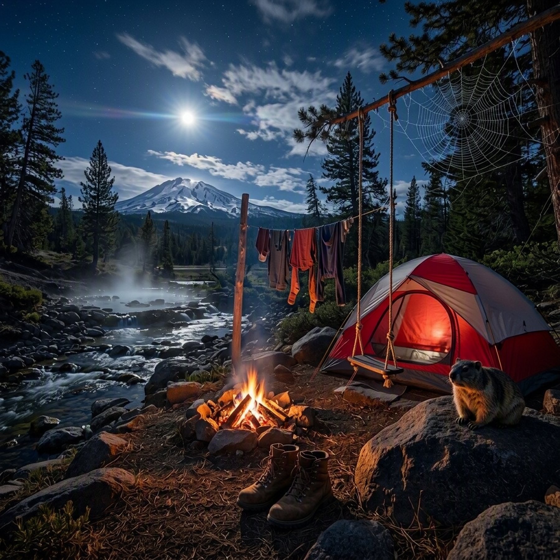A cozy red-and-white tent rests among boulders and pine trees beside a quiet creek and warm hot spring. A campfire glows under the full moon, with a rope swing, hanging laundry, and hiking boots nearby. Snowy Lassen Peak rises in the distance.