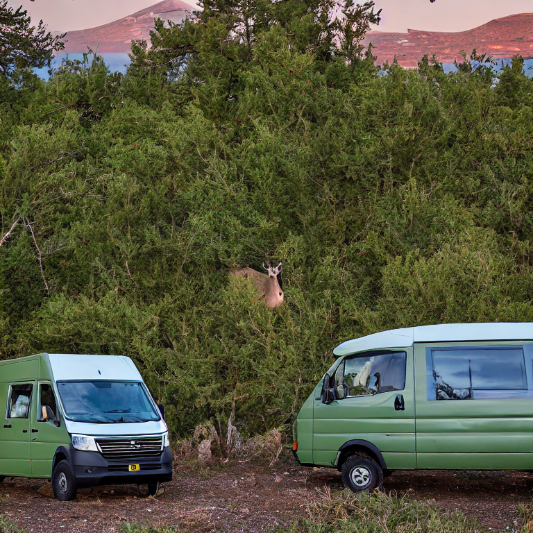 A forest-green van rests at a quiet dirt campsite as snow falls at dusk. A picnic table, distant deer, and tall mountains create a peaceful outdoor scene.