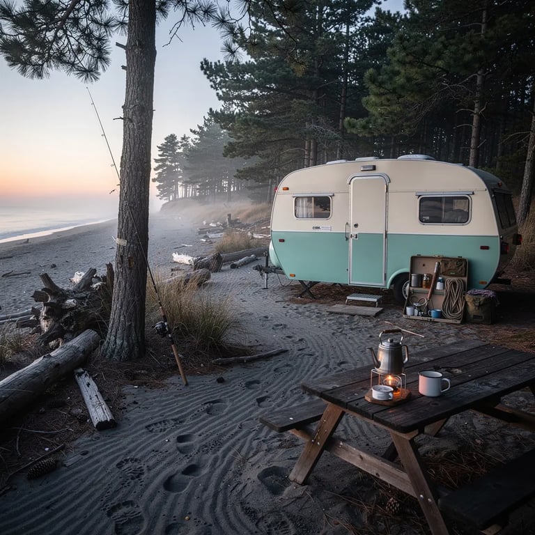 A quiet pine beach wakes up at dawn, with cool blue light and a warm glow on the horizon. A vintage caravan sits by the trees, with camping gear and a small stove on a picnic table. The sand looks damp and smooth, dotted with driftwood, pine cones, and soft footprints, while the calm ocean rests in the distance.