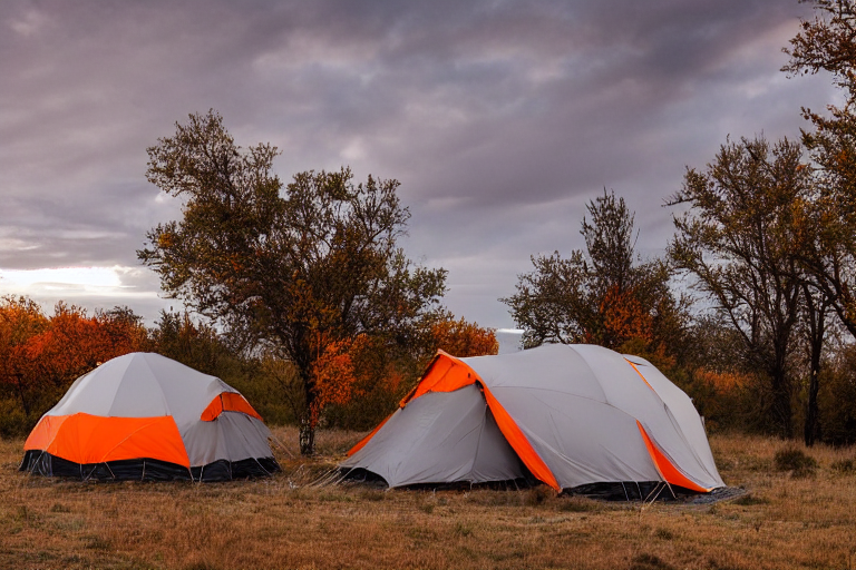 A gray and orange tent rests on a paved campsite in the New Mexico desert. Golden light shines over tall grass, rocky ground, and large stone slabs, while colorful fall trees add warmth. Dark clouds create a calm, peaceful mood.