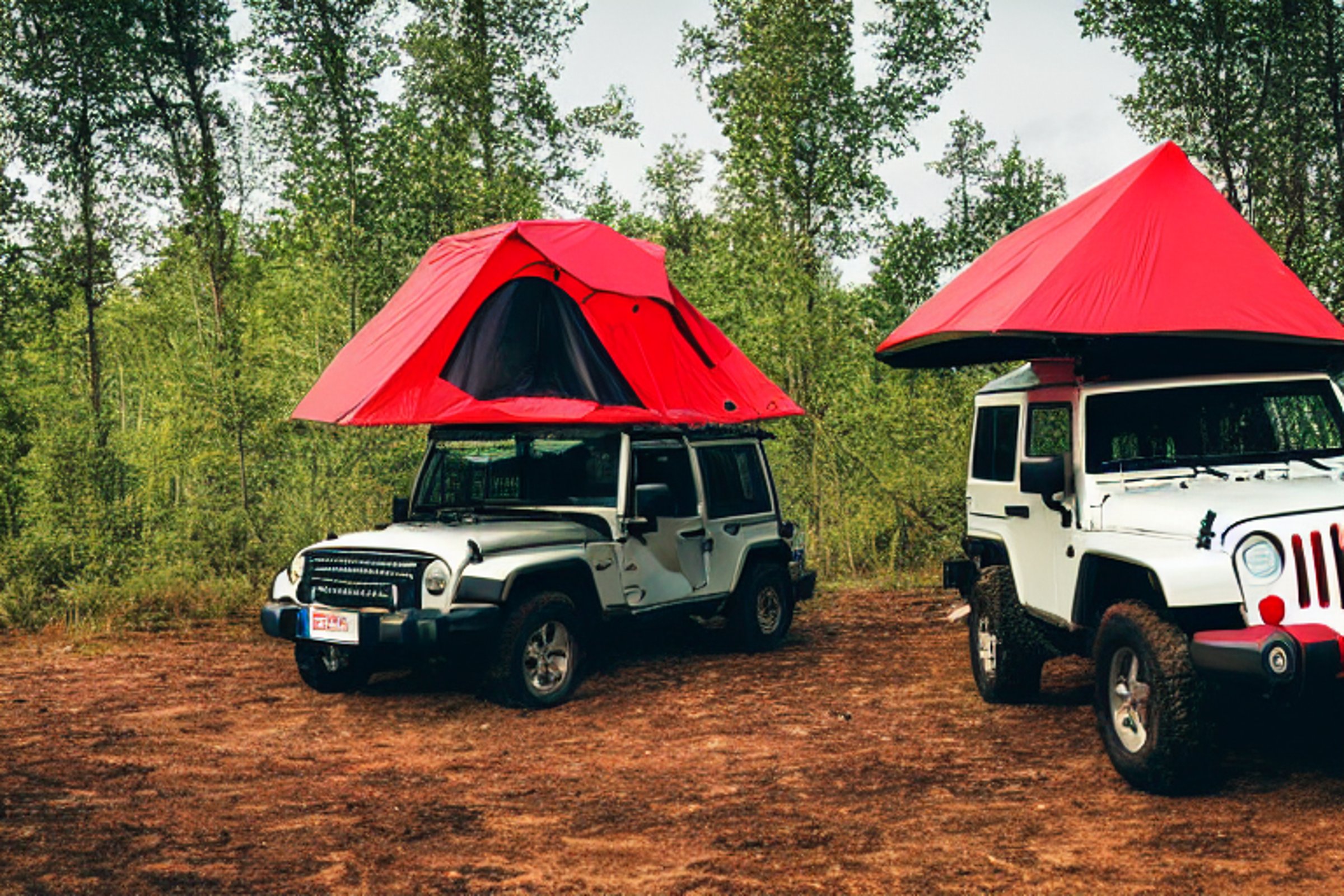 A red and white Jeep sits on a quiet dirt campsite in Norway, with its rooftop tent open. Rain falls softly as the campfire glows among the logs, and camping gear rests nearby. The sunset shines through the cool, misty air.