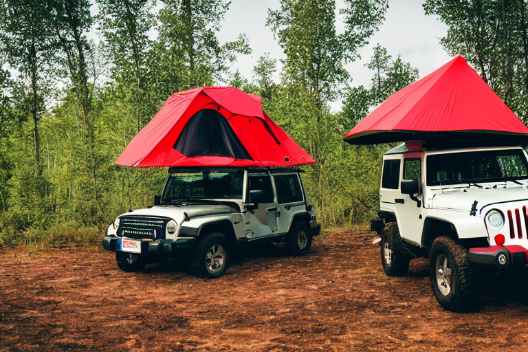 A red and white Jeep sits on a quiet dirt campsite in Norway, with its rooftop tent open. Rain falls softly as the campfire glows among the logs, and camping gear rests nearby. The sunset shines through the cool, misty air.