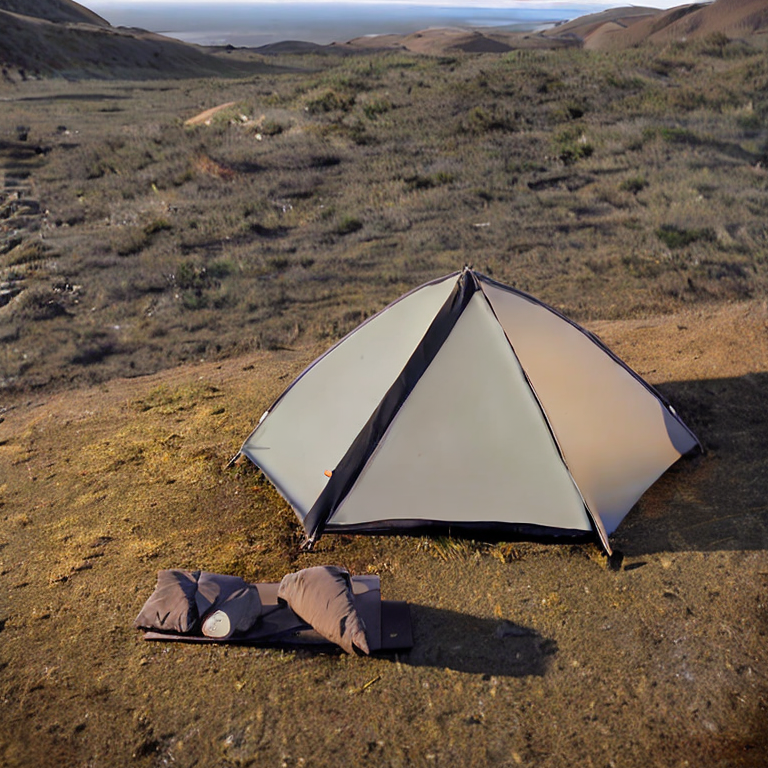 A black tent rests on a paved campsite beneath a clear night sky along the California coast. Rolling hills, large stone slabs, and a picnic table surround the dirt clearing, with a small twig lying nearby.