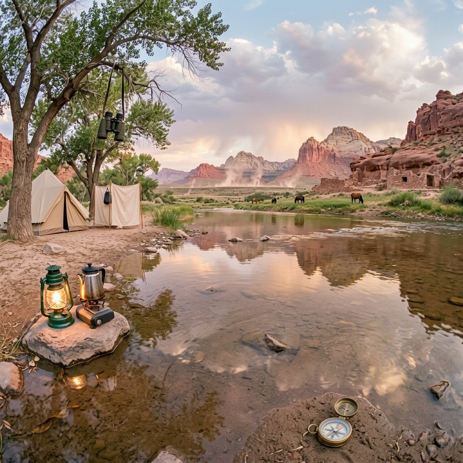 A quiet campsite rests beside the shallow, shining Fremont River, shaded by cottonwood trees. A tan tent, glowing lantern, and small cooking stove create a warm, cozy feeling. Ancient stone ruins, grazing horses, and dusty desert flats stretch into the golden distance.