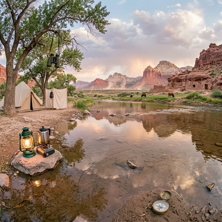 A quiet campsite rests beside the shallow, shining Fremont River, shaded by cottonwood trees. A tan tent, glowing lantern, and small cooking stove create a warm, cozy feeling. Ancient stone ruins, grazing horses, and dusty desert flats stretch into the golden distance.