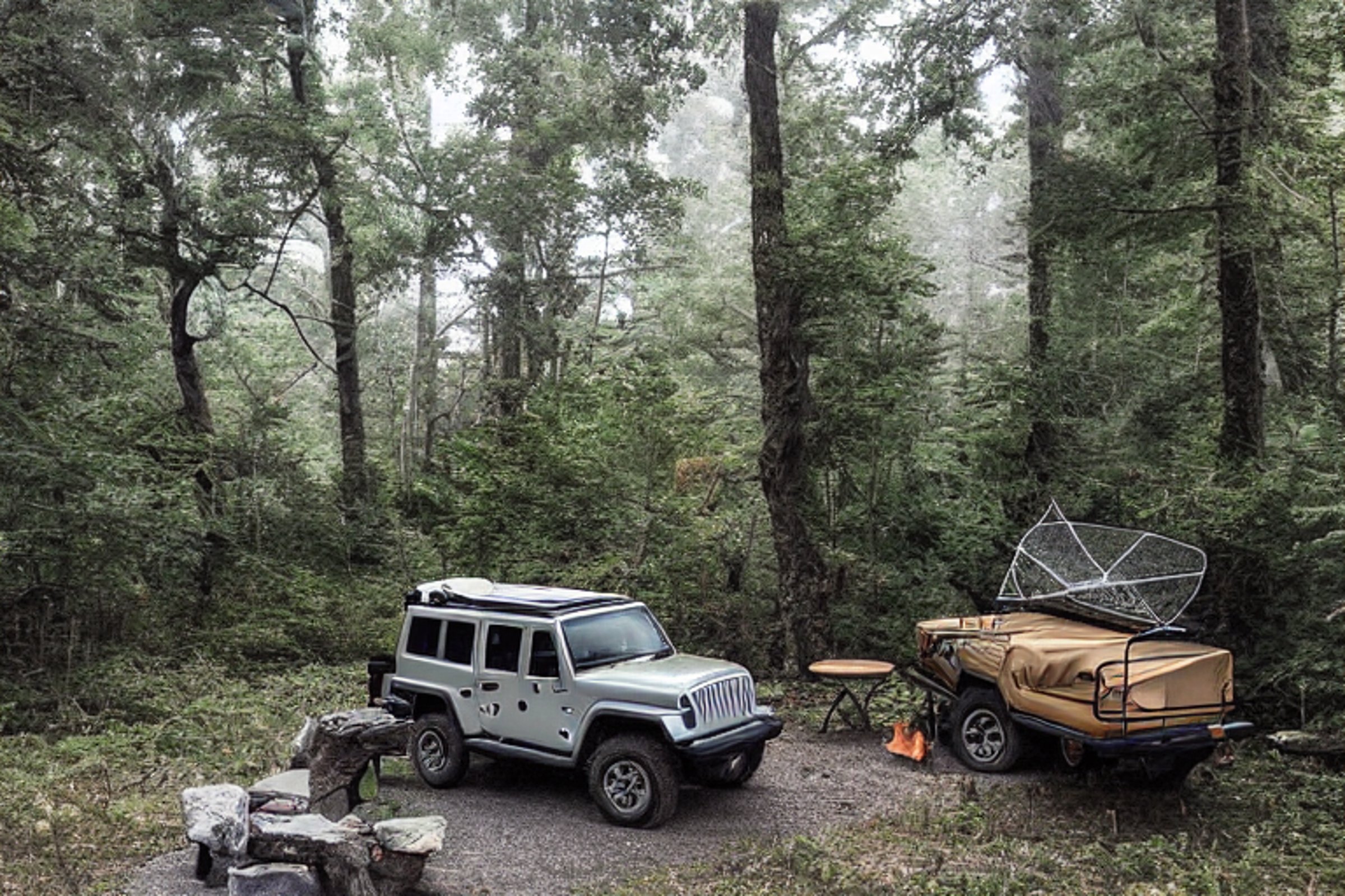 A tan Jeep with a rooftop tent rests at a foggy beach campsite beneath a sky full of stars. Ferns, boulders, and a hammock surround a warm campfire, while a small stream winds through the dirt.