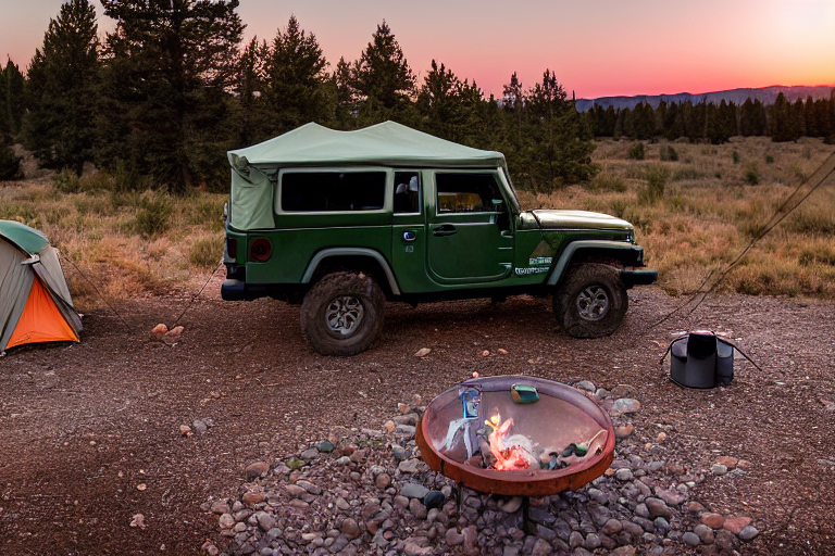 A green Jeep with an open rooftop tent rests in a quiet Idaho campsite. A warm campfire glows on the dirt, surrounded by stones and a lantern. Clothes hang on a line as the sunrise lights the clear sky and open plains.
