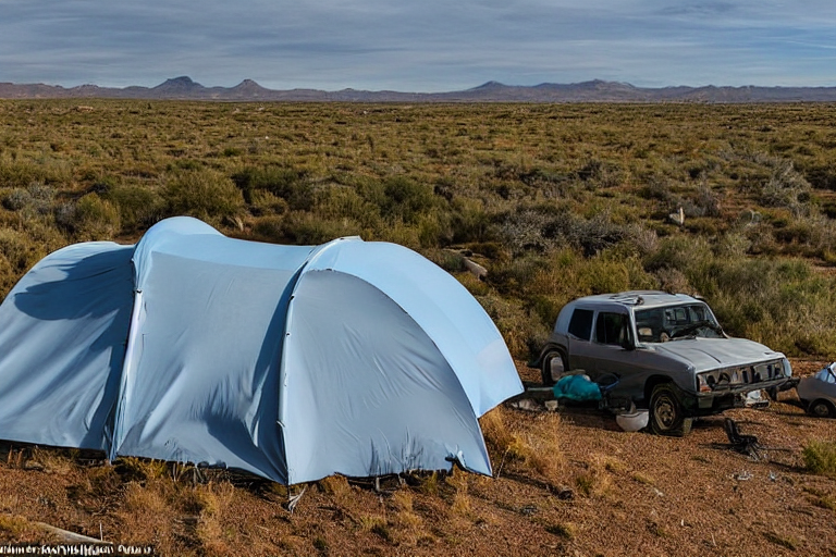 Two gray and blue tents sit on a paved campsite in the New Mexico desert. A warm sunset lights the tall grass and ferns, while hikers, a car, and distant deer add life to the peaceful scene.