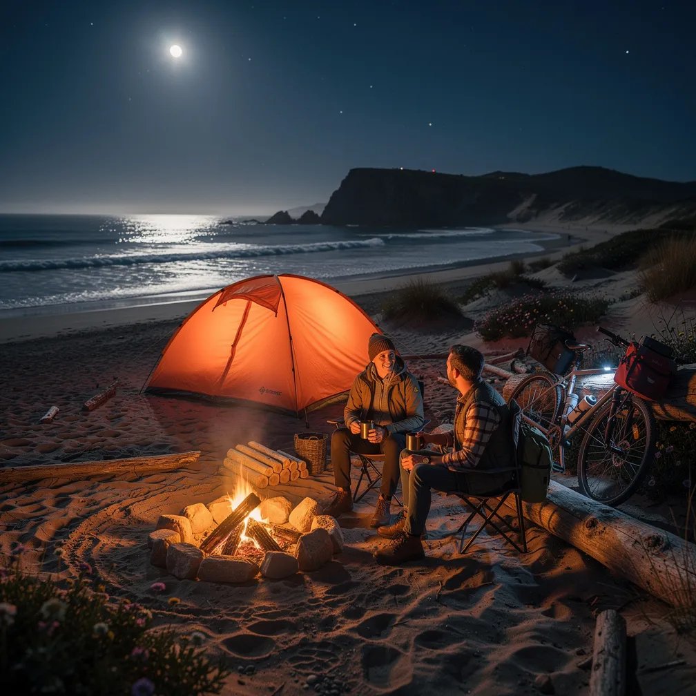 A bright orange tent sits on a quiet sandy beach beside a calm, dark ocean. A small campfire glows in a ring of stones, warming two hikers as gentle waves hiss nearby. A bicycle leans on a driftwood log, with dune grass and tiny wildflowers swaying in the soft moonlight.