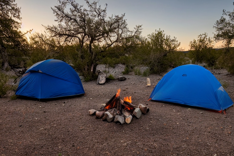 A gray-blue tent rests on a gravel campsite in Death Valley as dusk settles in. A warm campfire glows beside wooden logs, with chairs nearby and tall trees adding shade.