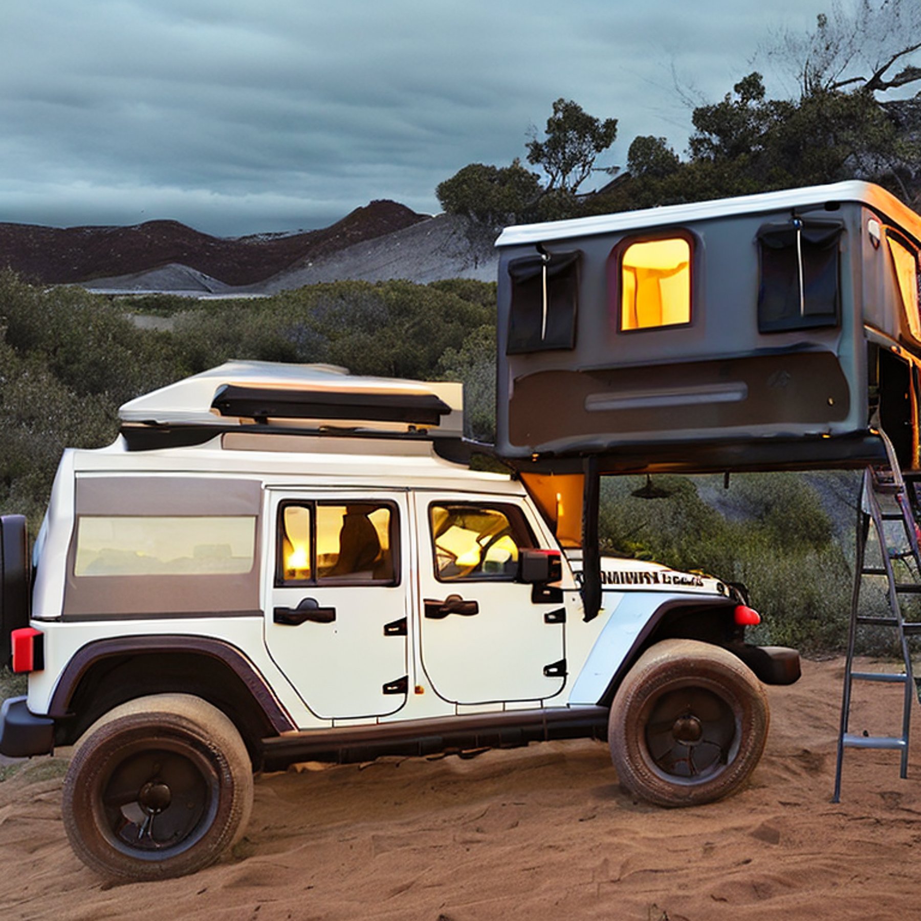 A Jeep with a glowing rooftop tent rests at a rainy campsite by San Diego Beach. A small stream winds through the dirt, while a backpack and hikers sit nearby under the dark, peaceful sky.
