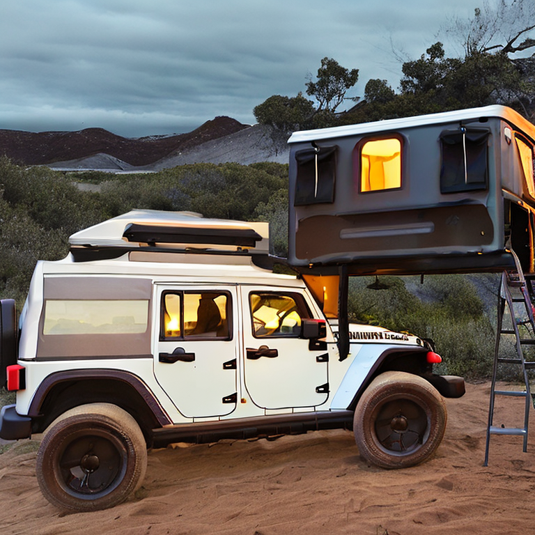 A Jeep with a glowing rooftop tent rests at a rainy campsite by San Diego Beach. A small stream winds through the dirt, while a backpack and hikers sit nearby under the dark, peaceful sky.