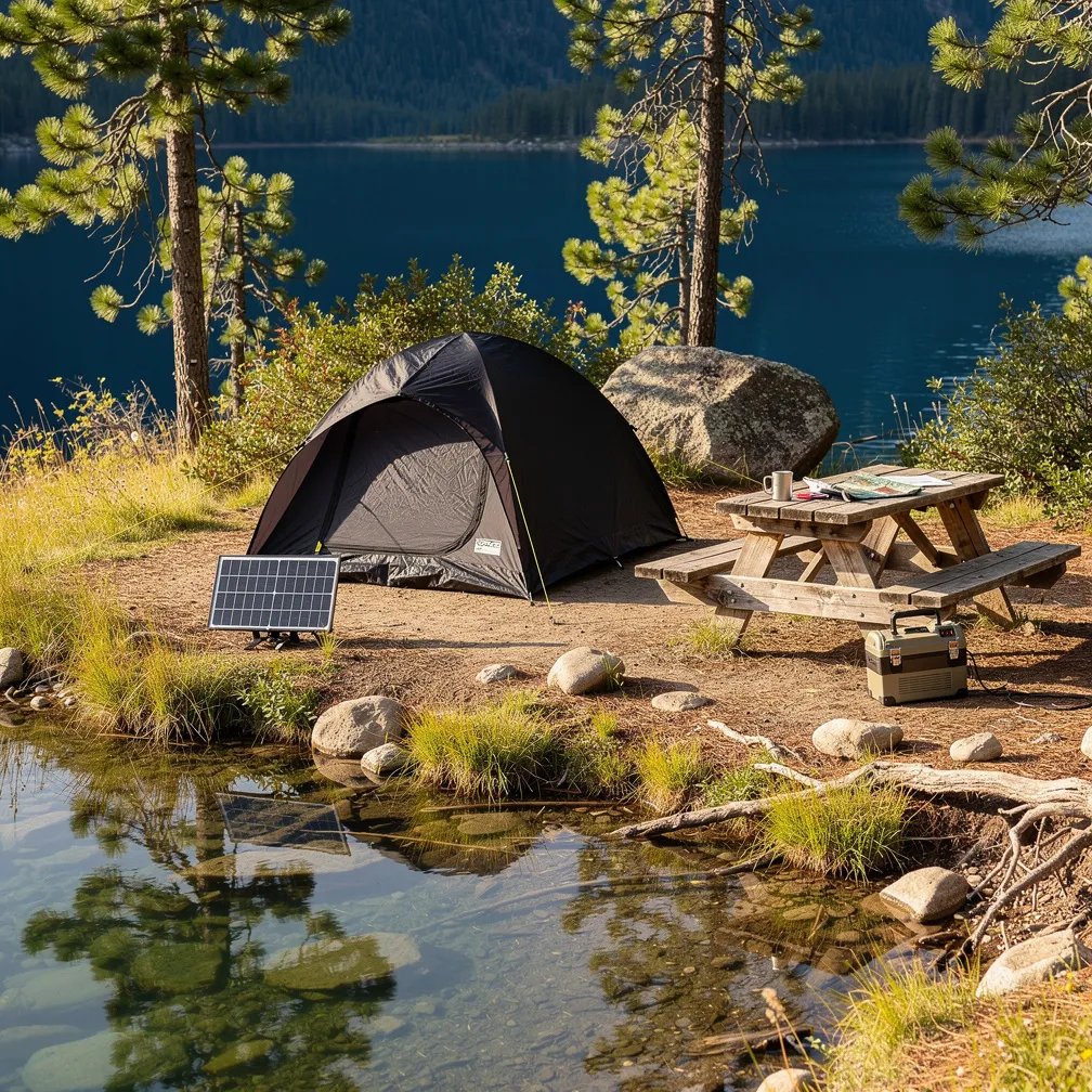 A black tent sits by a quiet pond that mirrors the trees and sky like glass. Sunlight warms a rough picnic table, and a small solar panel quietly drinks in the light. Beyond the pond, a bigger lake stretches out, making the whole campsite feel calm and far away.