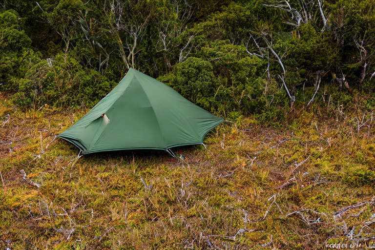 A green camo tent rests on a rocky campsite in Milford Sound. Bushes and fall-colored trees surround the area as soft sunset light shines through the clouds. A deer stands quietly in the distance.