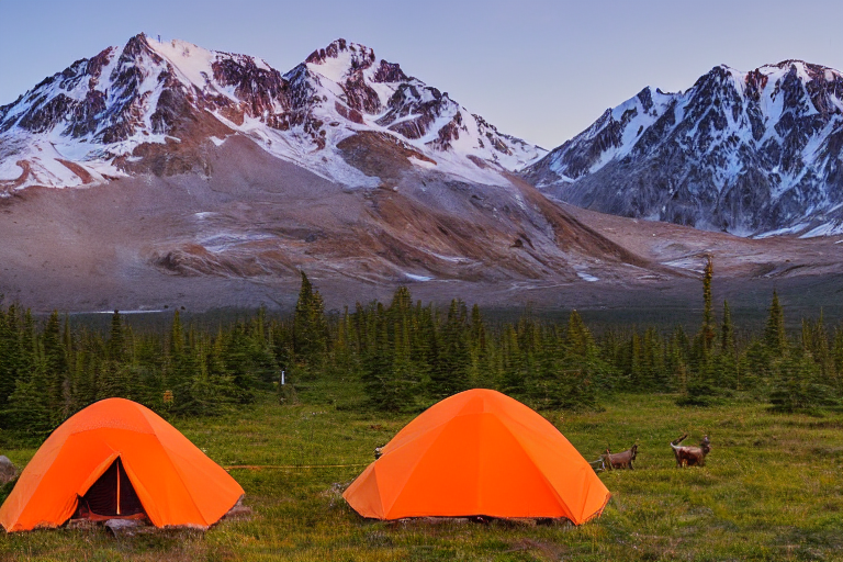 An orange tent rests on rocky ground in the wild Alaskan wilderness. Deer wander nearby as hikers and a box of camping gear sit beneath tall mountains. Warm golden light and clear skies create a peaceful evening scene.