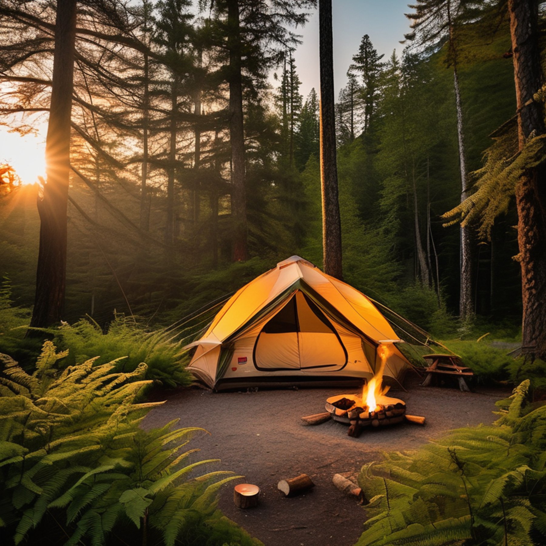 A green tent rests in a sunny forest clearing at golden hour. A warm campfire sits on a ring of logs, surrounded by ferns and tiny wildflowers. Tall trees and soft mountain light create a peaceful Smoky Mountain setting.