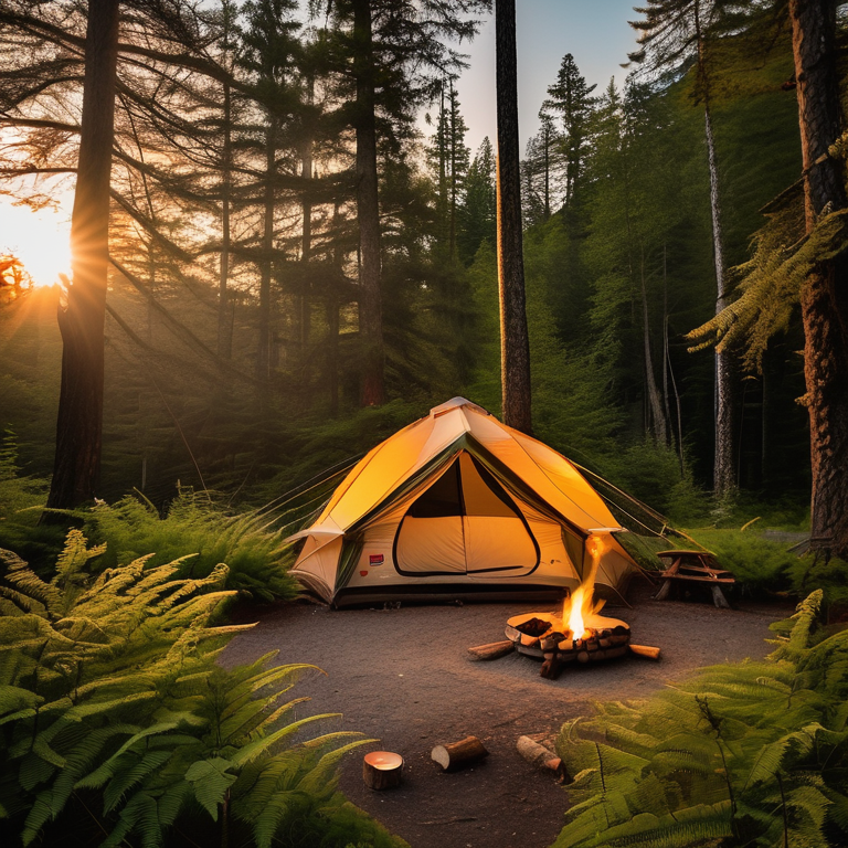 A green tent rests in a sunny forest clearing at golden hour. A warm campfire sits on a ring of logs, surrounded by ferns and tiny wildflowers. Tall trees and soft mountain light create a peaceful Smoky Mountain setting.