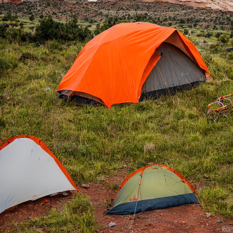 An orange tent rests on a paved campsite in Capitol Reef as rain falls at dusk. Tall grass, gravel patches, and red rock scenery surround the site, with camping gear and clothes hanging nearby.