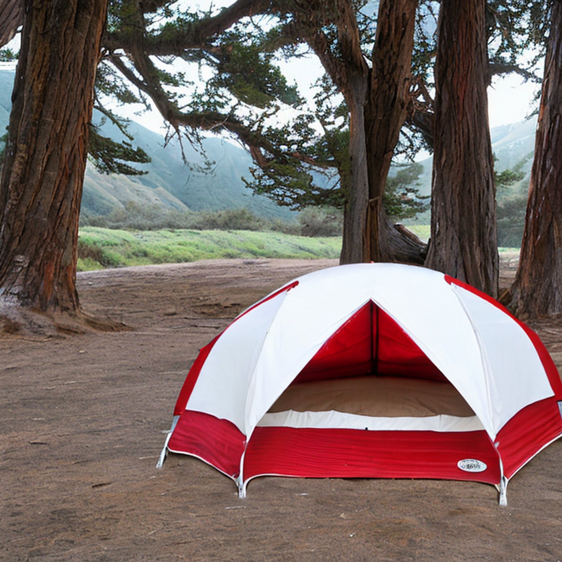 A red and white tent sits among tall trees at a snowy campsite in Big Sur. A clear stream winds through the camp, with a wooden guitar resting nearby. Mountains rise in the distance beneath the quiet winter sky.