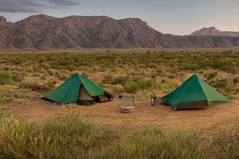 A green and tan tent rests on a dirt campsite in the New Mexico desert. Large bushes surround the camp, with a mountain rising in the distance under a rainy sunset sky. A wooden guitar lies nearby, adding a cozy touch.