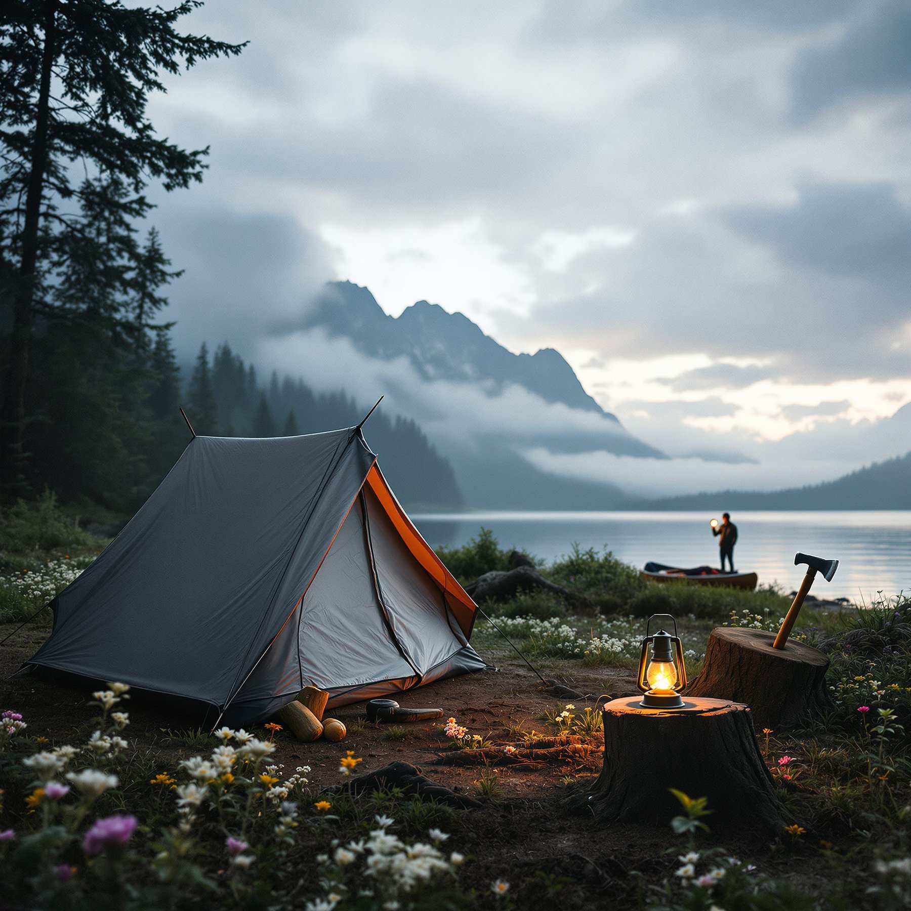 This campsite sits beside a calm lake, surrounded by wildflowers and tall pine trees. Misty mountains rise in the background while a lantern glows next to a cozy tent. It feels peaceful and perfect for an adventure in nature.