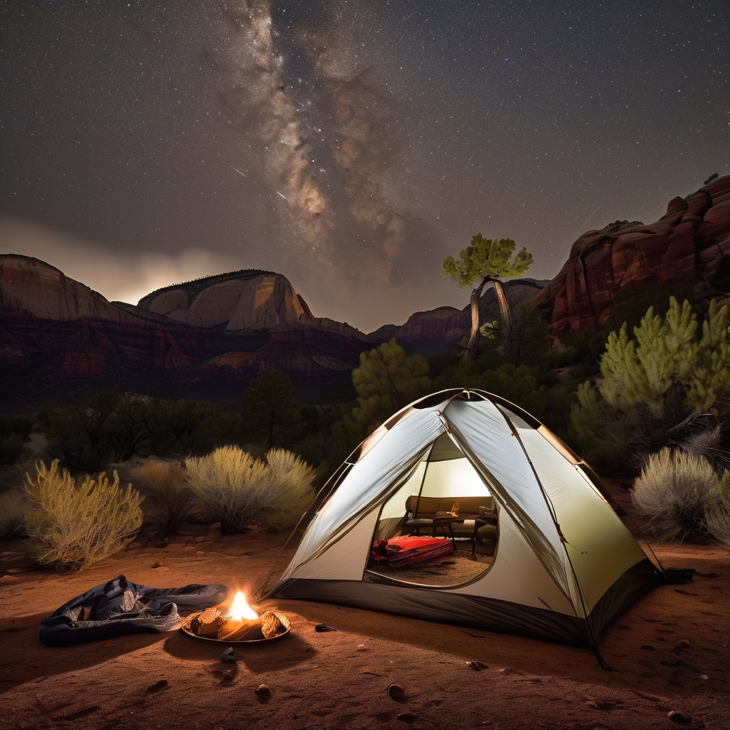 A tan tent rests among small trees and pine cones in Zion National Park. Above it, meteors streak across the night sky as distant lightning glows. A hammock hangs nearby, while dew sparkles on the grass.