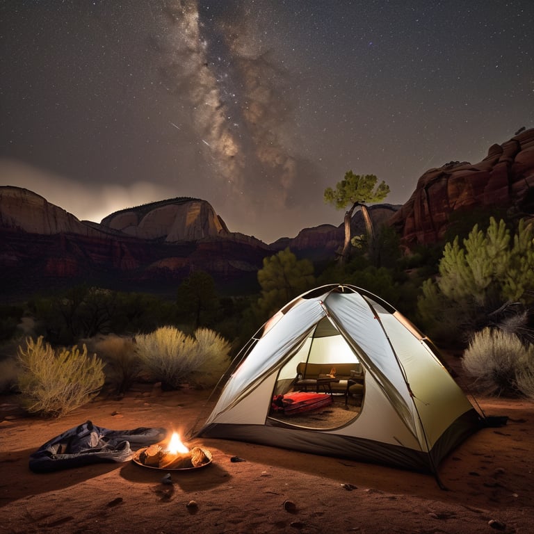 A tan tent rests among small trees and pine cones in Zion National Park. Above it, meteors streak across the night sky as distant lightning glows. A hammock hangs nearby, while dew sparkles on the grass.