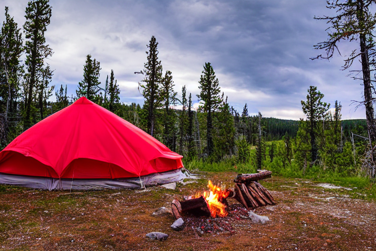 A red-and-white tent rests in a snowy Yellowstone campsite beneath glowing green auroras. A warm campfire crackles among stones, with a white cooler nearby and birds flying overhead.