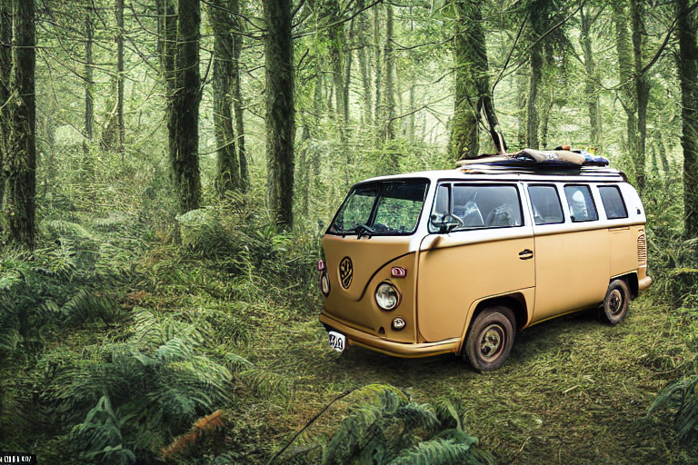 A tan campervan rests on a rough dirt patch in an overgrown forest. Snow dusts the ferns and stones, while clothes hang from a nearby line. Soft sunrise light gives the quiet campsite a cozy, peaceful feel.